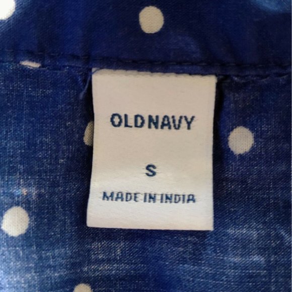Old Navy Womens Blouse Button Up Size Small Blue White Polka Dots Curved… - Picture 3 of 4